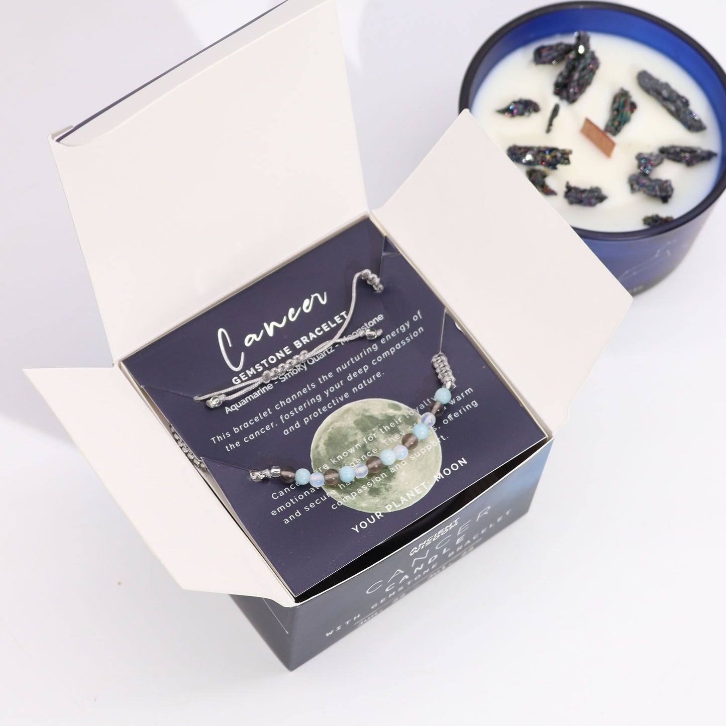 Cancer Zodiac Crystal Candle & Gemstone Bracelet – Moonstone Eclipse | Aquamarine, Smoky Quartz & Moonstone Crystals