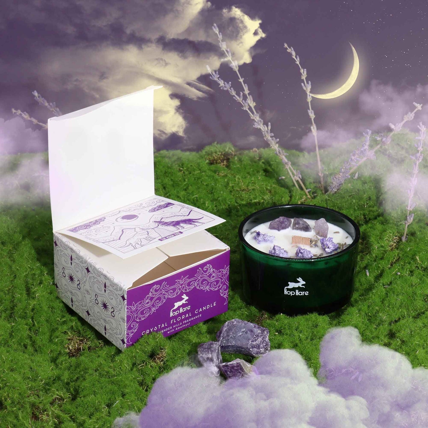 The Moon Crystal Magic Candle – Amethyst & Lavender Hills | Calm, Balance & Inner Peace (22hr Burn Time)