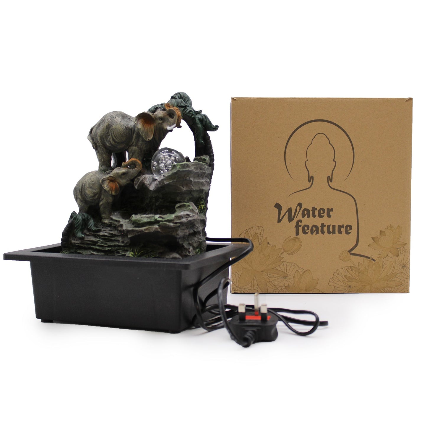 Tabletop Water Feature 30cm – Elephant Family | Indoor LED Relaxation Fountain for Home & Office