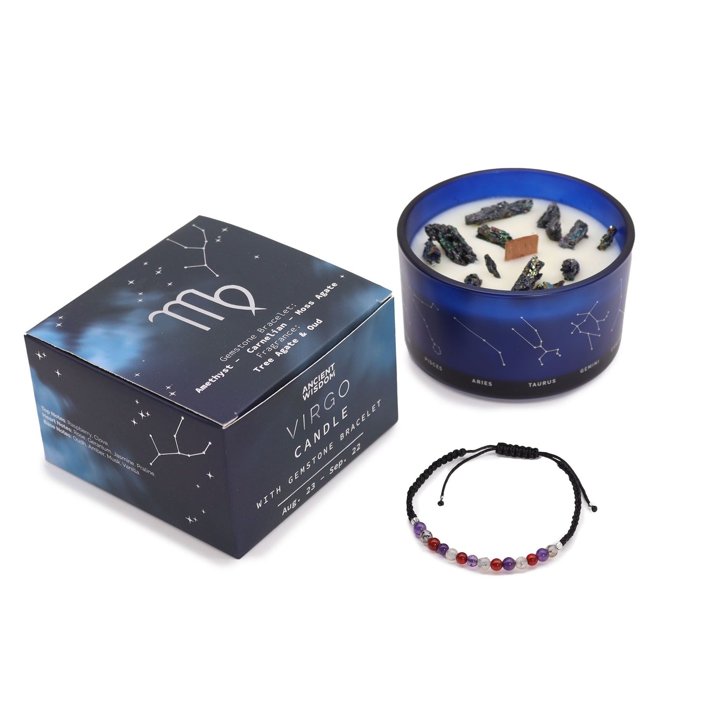 Virgo Zodiac Crystal Candle & Gemstone Bracelet – Tree Agate & Oud | Amethyst, Carnelian & Moss Agate Crystals