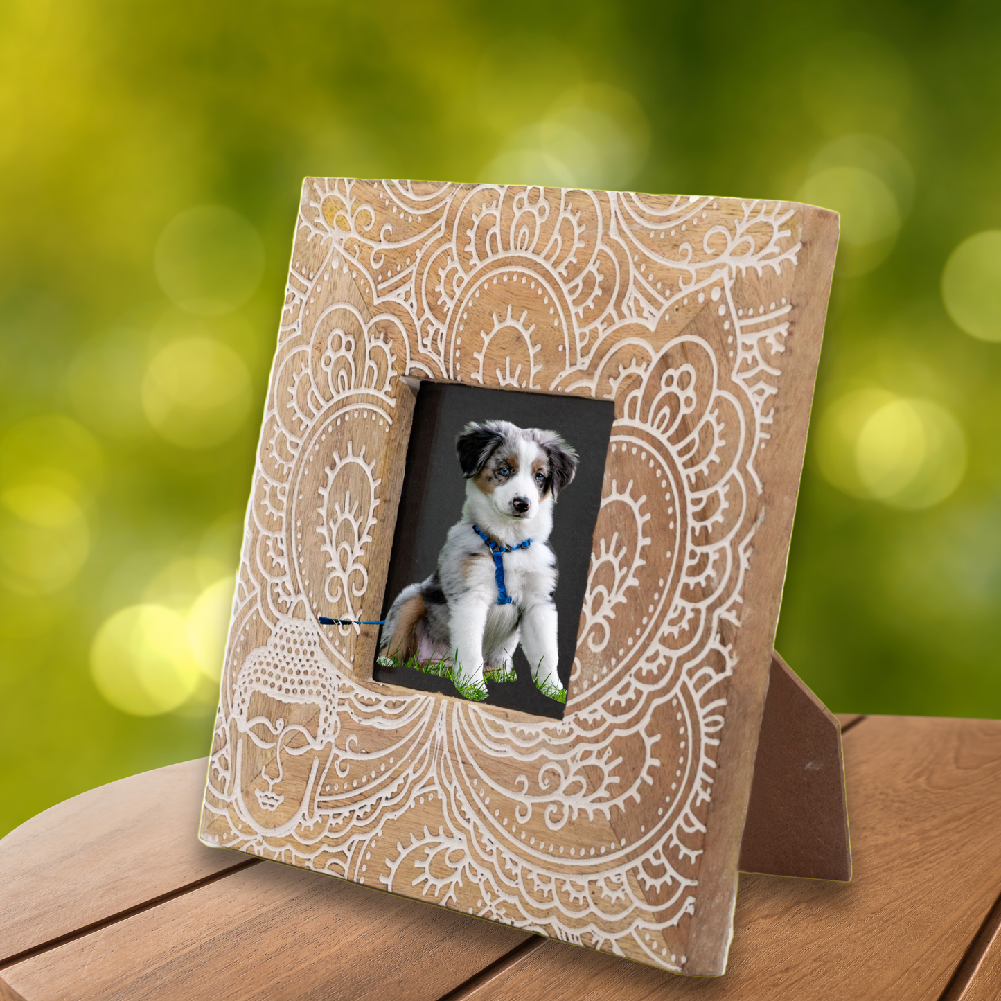 Small Mango Wood Picture Frame – Buddha Design | White 10x15cm Frame | Handmade Natural Mango Wood Home Décor