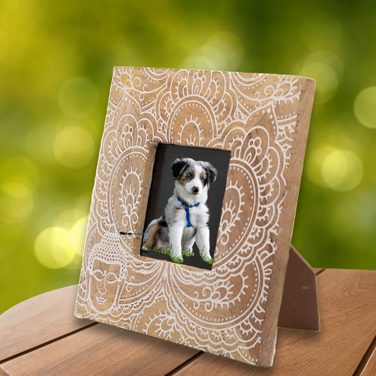 Small Mango Wood Picture Frame – Buddha Design | White 10x15cm Frame | Handmade Natural Mango Wood Home Décor