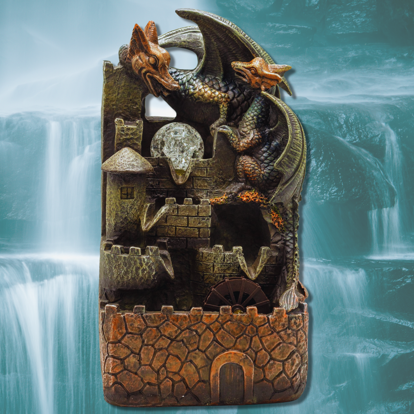 Tabletop Water Feature – Dragons, Crystal Ball & Water Wheel | Indoor LED Relaxation Fountain for Home & Office