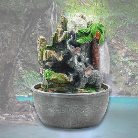 Tabletop Water Feature – Elephants & Palm Tree | Tropical Indoor Fountain | Relaxing Home Décor