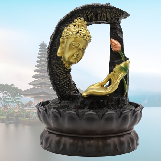 Tabletop Water Feature 30cm  – Golden Buddha & Lotus  | Indoor LED Relaxation Fountain for Home & Office