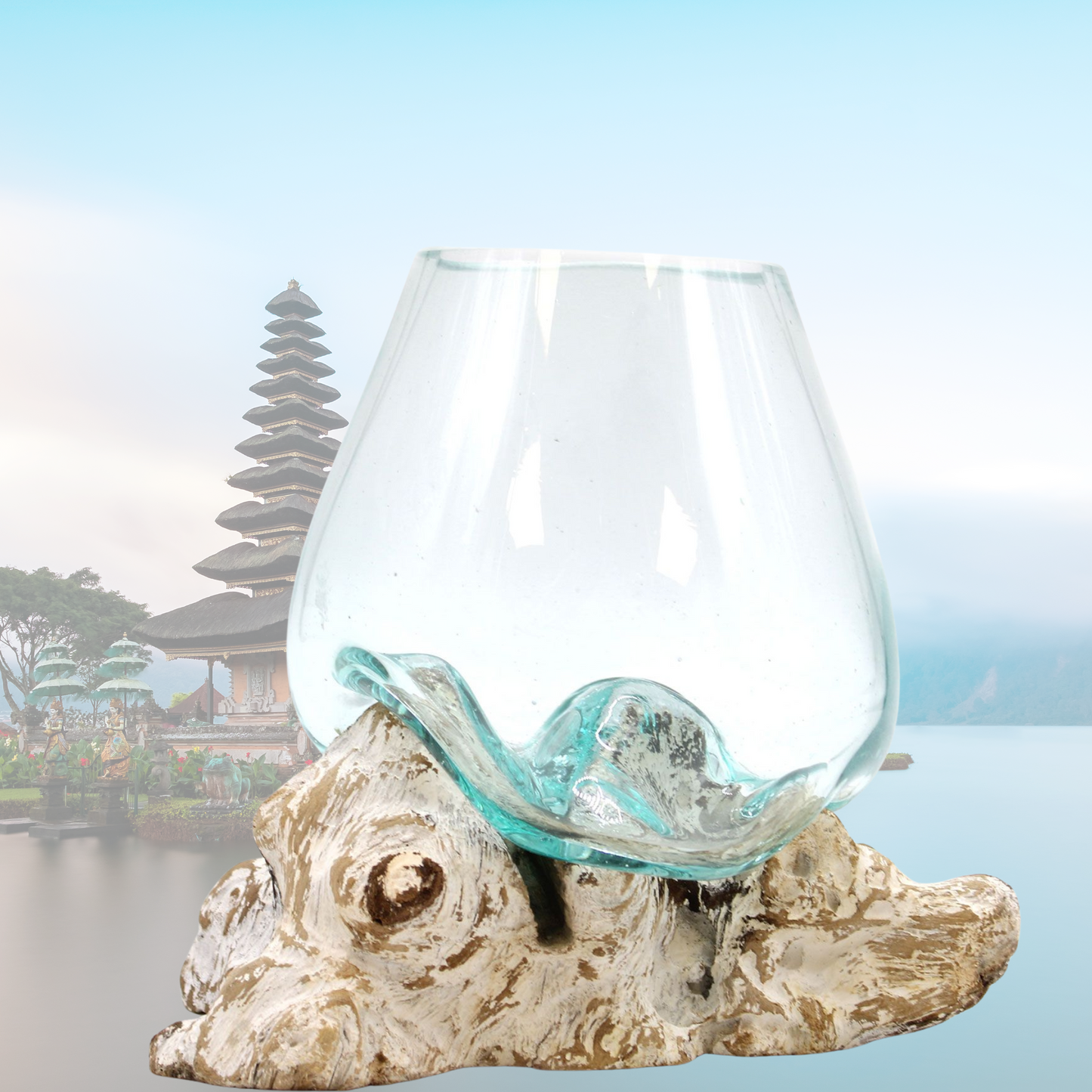 Molten Glass on Whitewash Wood – Large Bowl | Handcrafted Recycled Glass & Gamal Wood Art from Bali