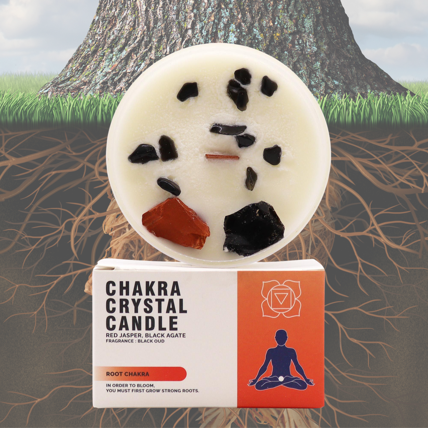 Root Chakra Crystal Candle – Red Jasper & Black Agate | Grounding & Stability Soy Candle