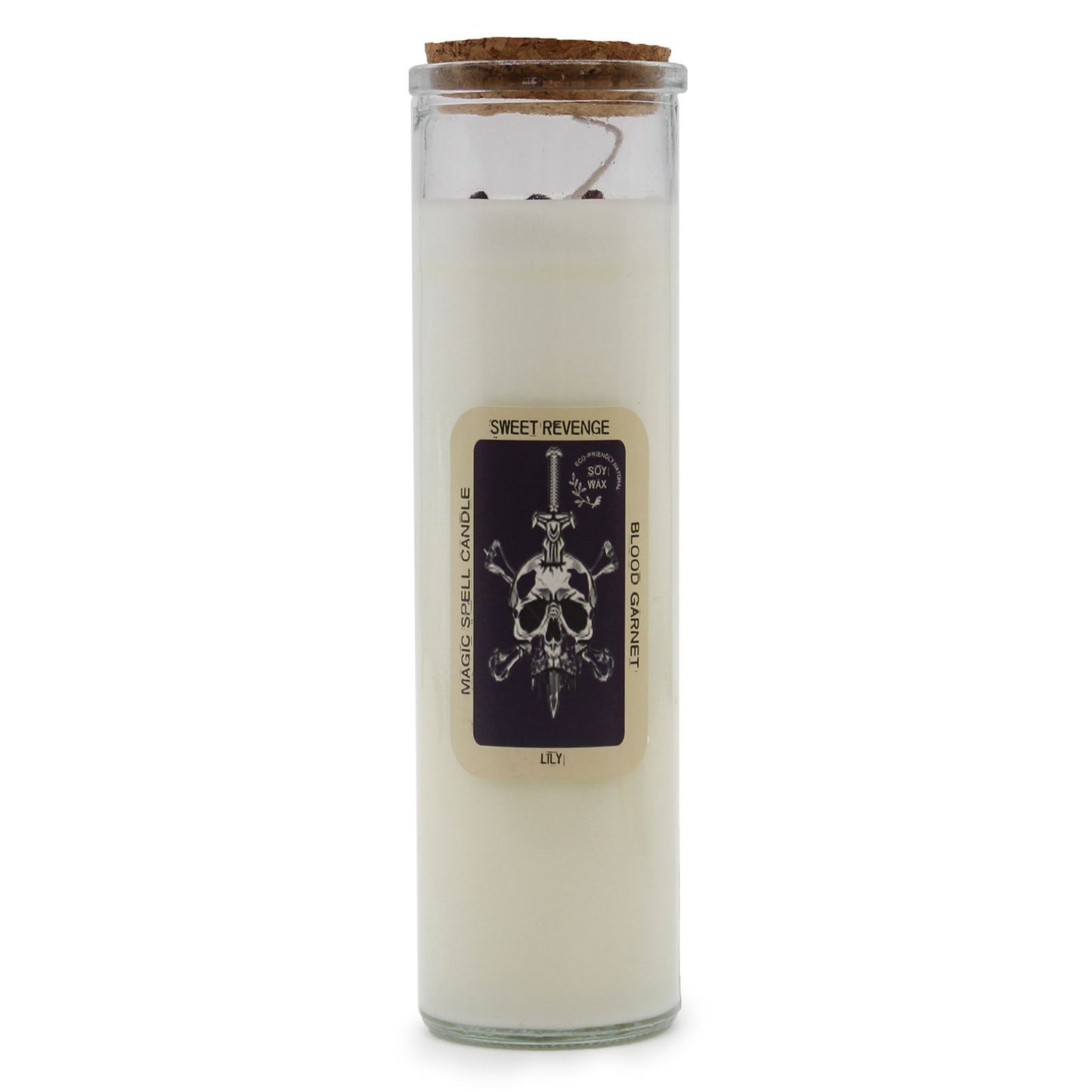 Glass candle with a label featuring a skull design on a white background