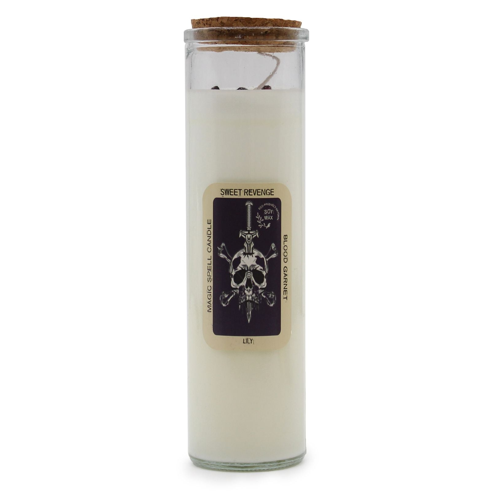 Glass candle with a label featuring a skull design on a white background