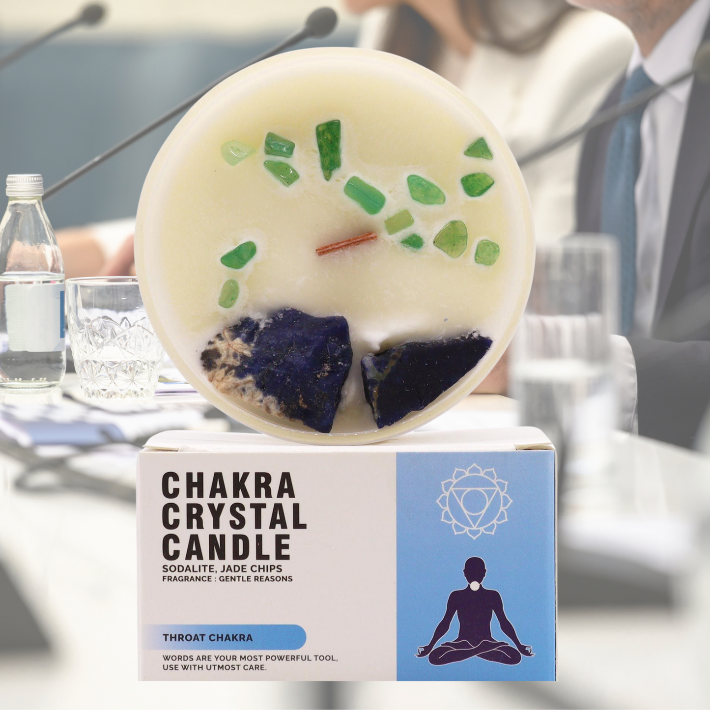 Throat Chakra Crystal Candle – Sodalite & Jade | Communication & Self-Expression Soy Candle